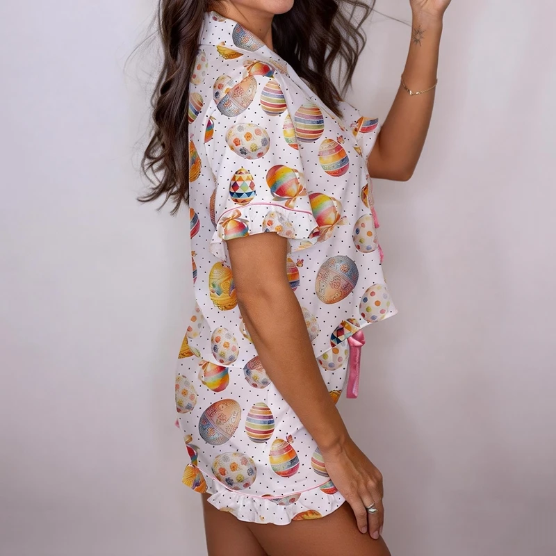 

Women Easter Pajamas Set 2 Pieces Loungewear Suits Easter Eggs Bunny Print Short Sleeve Tops and Shorts Sleepwear Outfits
