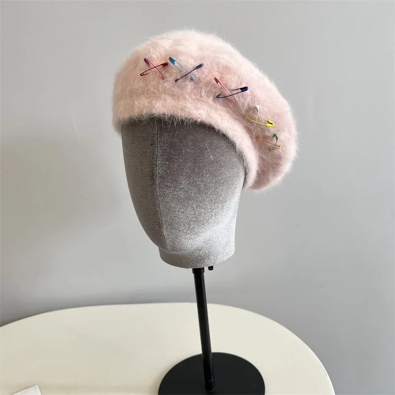 Beanie Hat Solid Colour Rabbit Hair Beret Cap Novelty Pin Decoration Winter Soft Sweet Cute College Style Painter Pumpkin Hat