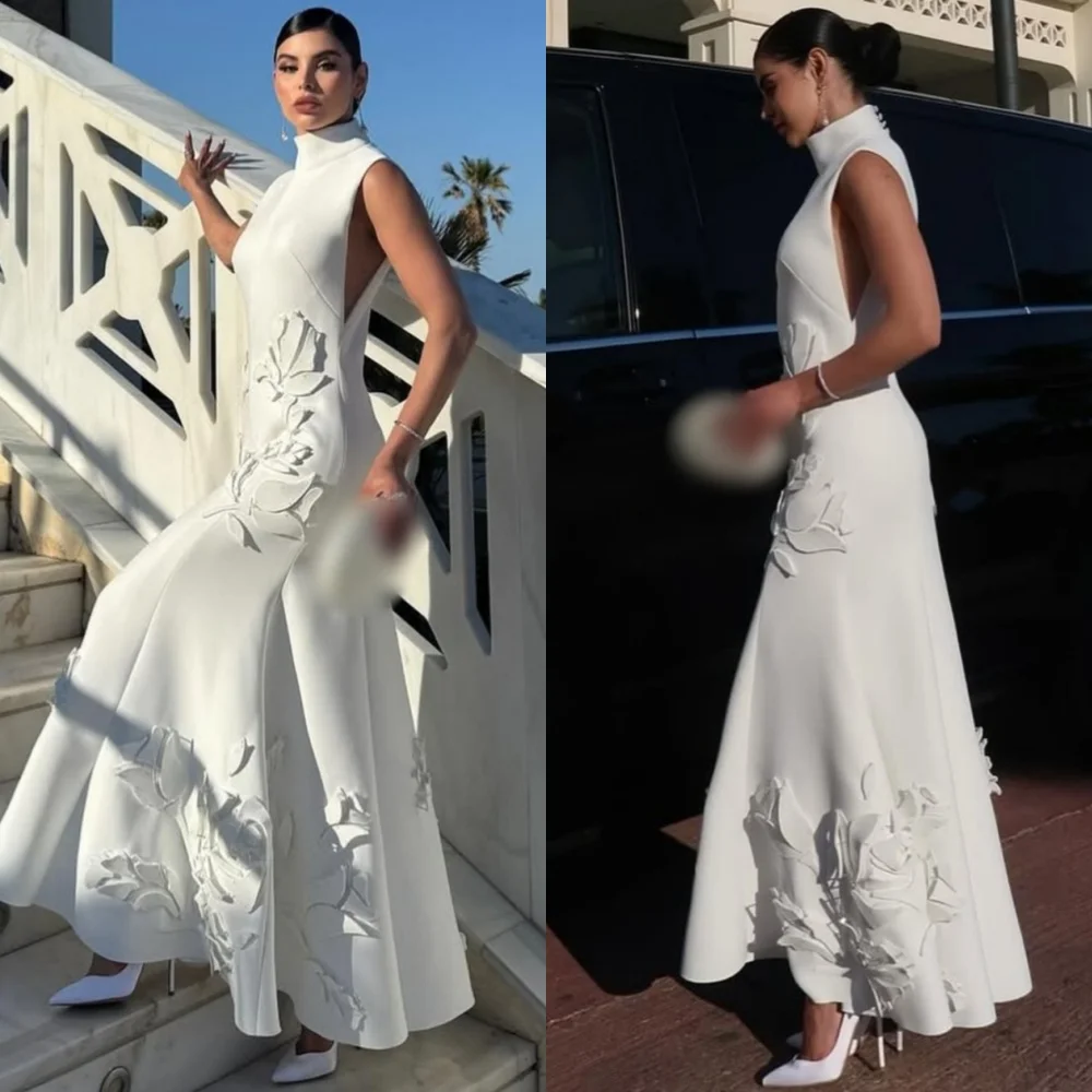 

Customized Formal Casual Jersey Flower Pleat A-line High Collar Midi Dresses Bespoke Occasion Elegant Retro