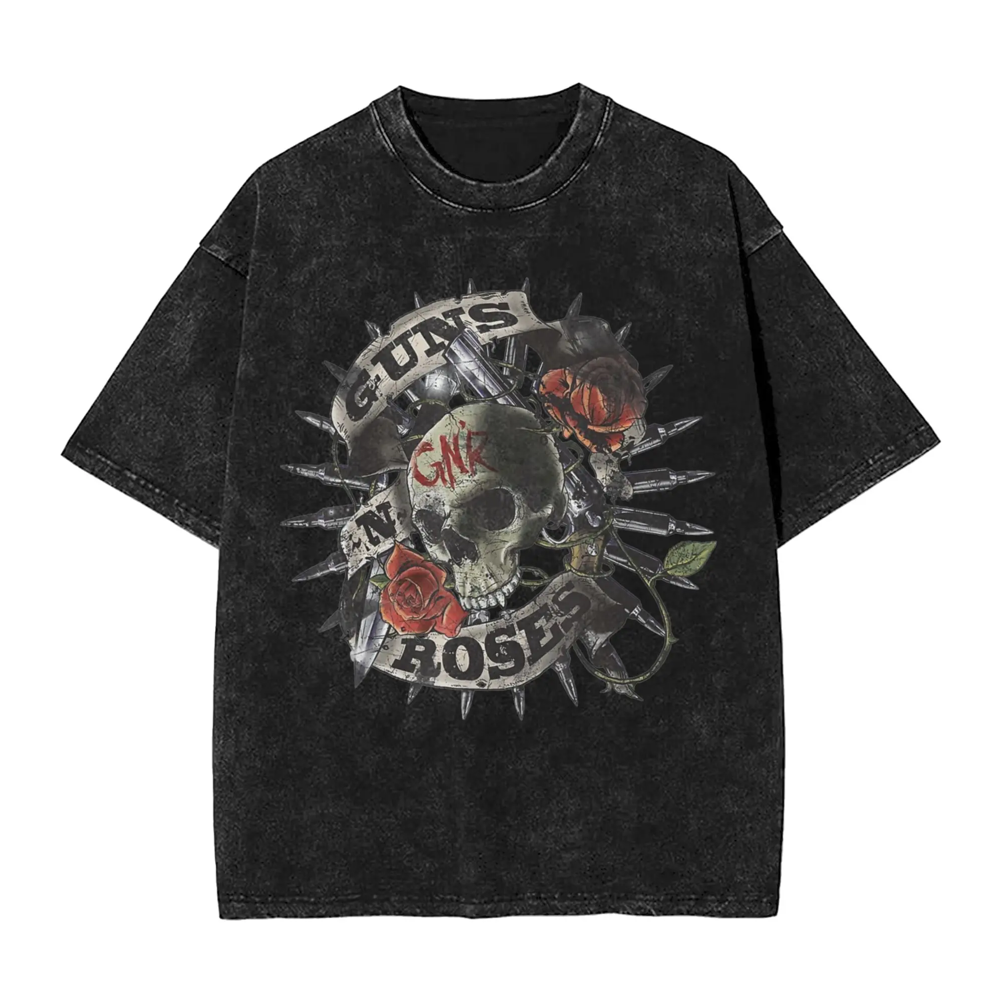 Guns N Roses Skull Floral T Shirts Hip Hop Washed Cotton Harajuku T-Shirts Retro for Men Women Tops Streetwear Printed Tops Tees