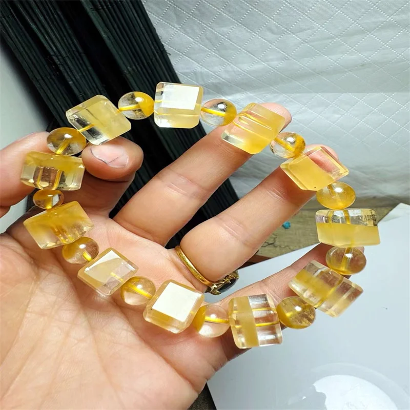 Natural Yellow Rabbit Hair Quartz Cube Sugar Cornucopia Bracelet Crystal Jewelry For Women Healing Holiday Gift 1pcs 11.3MM