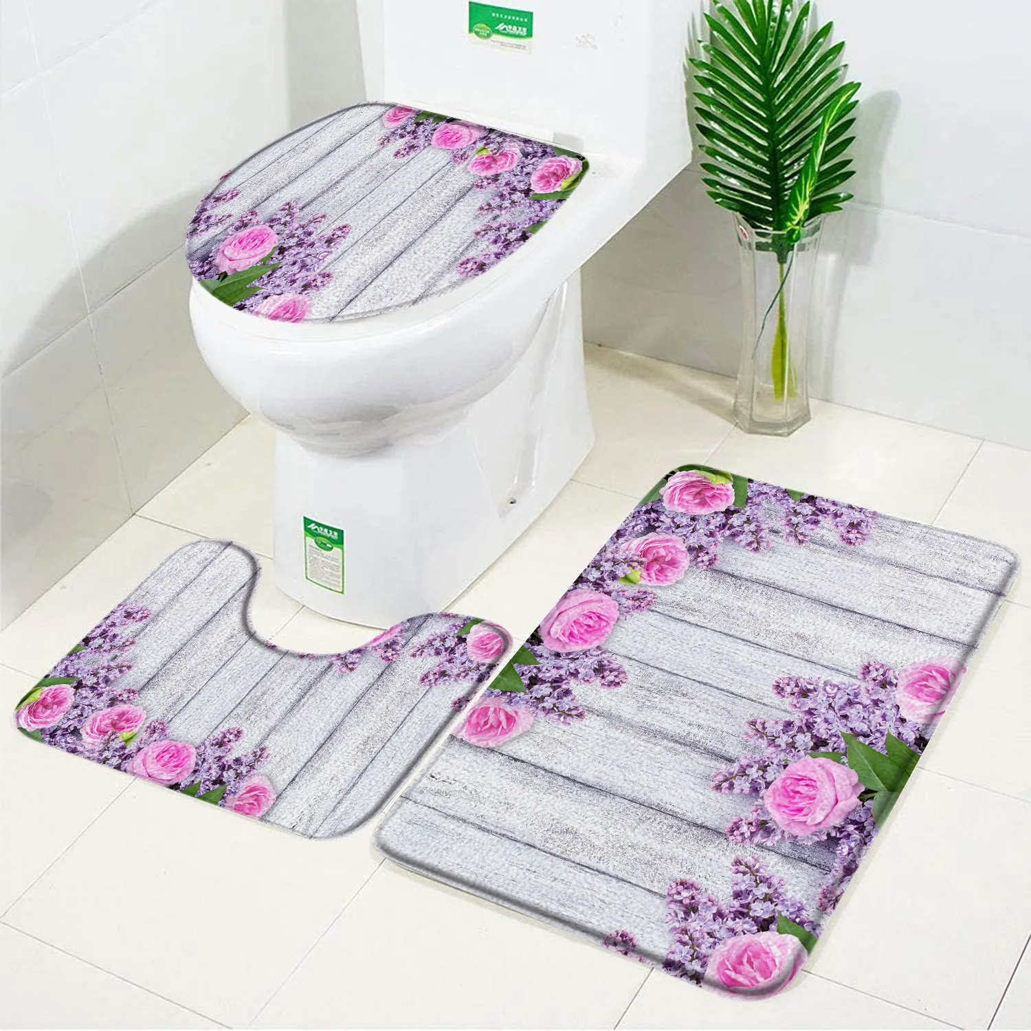 3pcs Set Wooden Board Flower Bath Mat Pink Rose Floral Rural Retro Decor Flannel Anti-slip Bathroom Rug Carpet Toilet Cover Set