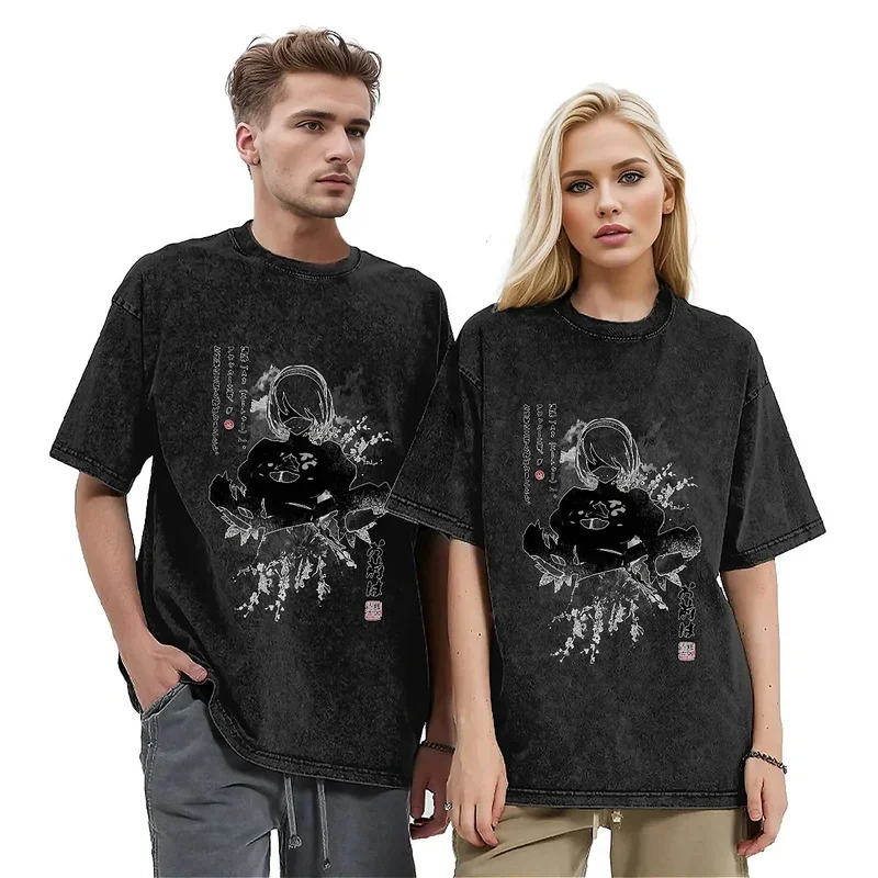 NieR Automata 2B Game Waifu Washed T-Shirt Unisex Japan Ink Streetwear Casual T Shirts Summer Trending Tee Shirt Oversized Tops