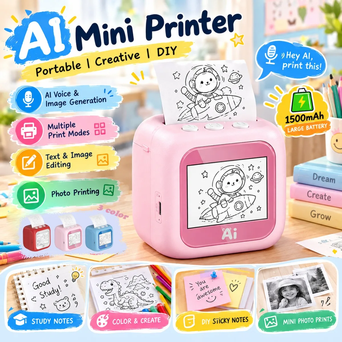 DIY Children's AI Printer: AI Voice Generate Printing Label Photo Text Printing  Multi Theme 1500MAh Battery Printer 2026 New