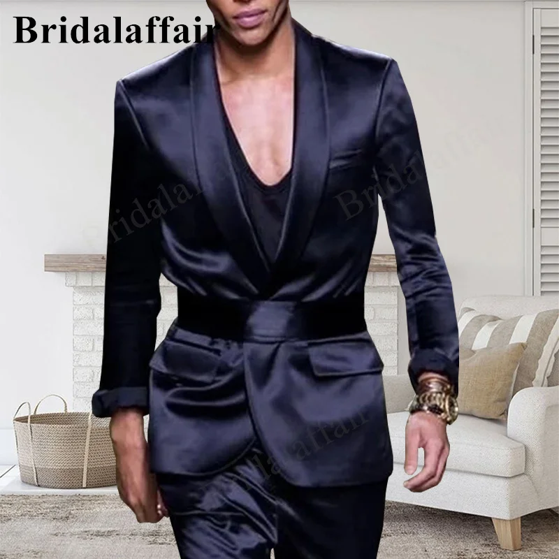 

Bridalaffair Dark Blue Satin With Belt Men 2 Pieces Suit Spring Autumn Plaid Slim Fit Business Formal Casual Check Office Homme