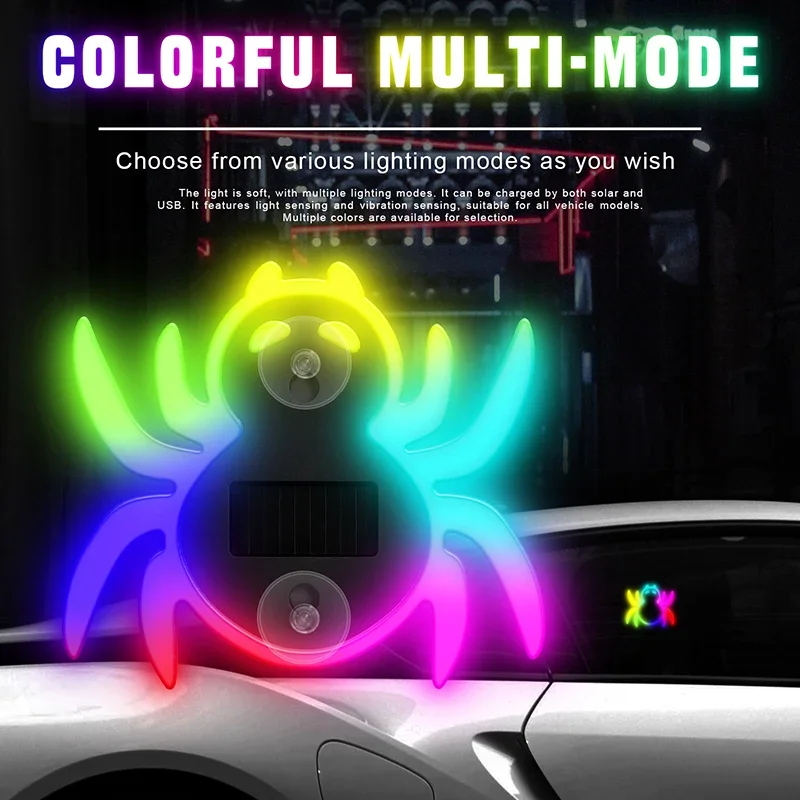 Solar Powered Spider Car Neon Light 7 Colors 8 Modes Sensor Suction Cup Car Window Atmosphere Decoration Light for All Vehicles