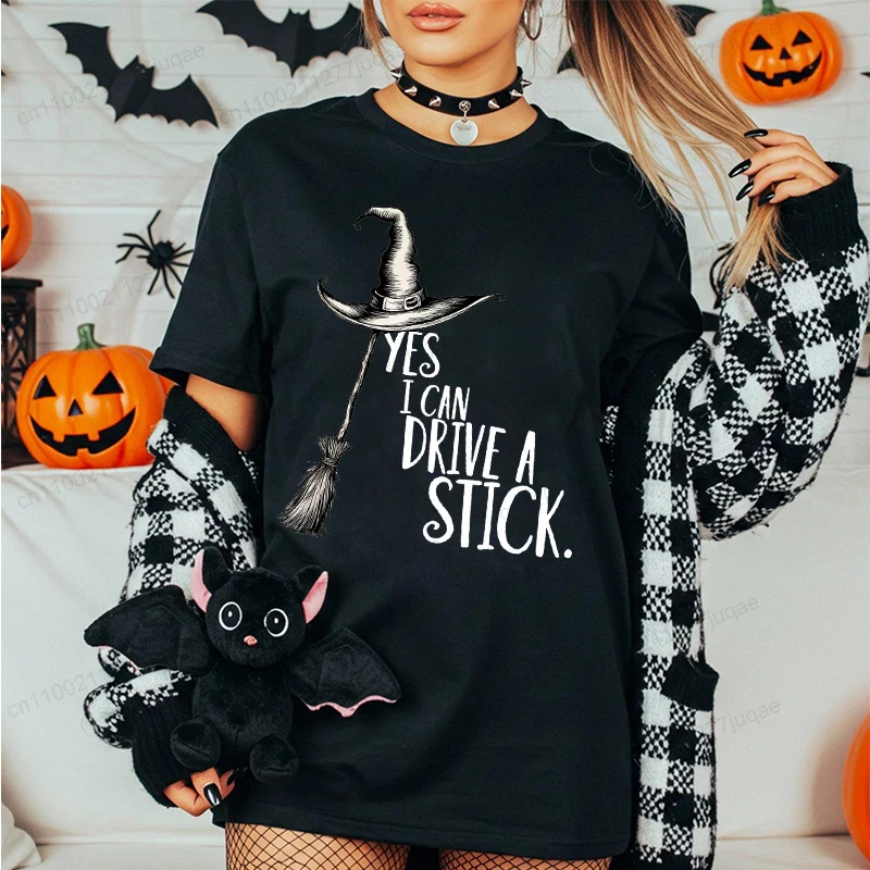 Women's Yes I Can Drive A Stick Graphic Print T-Shirt Funny Halloween Witch Tee T Shirt Spooky Party Clothing Ladies Girls Shirt