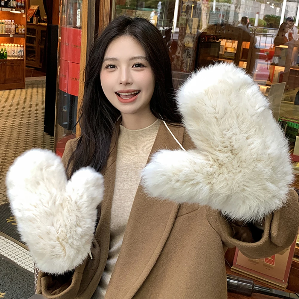 Women's Winter Warm Real Rex Rabbit Fur Gloves Good Elastic Ladies Fur Mittens Girls Outdoor Warm Natural Rex Rabbit Fur Mittens