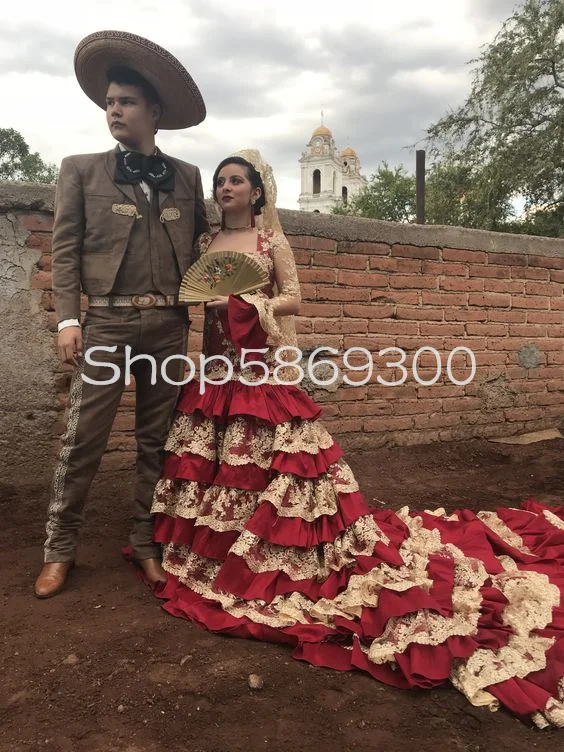 Burgundy Gold Traditional Mexican Wedding Dress Fairy Long Sleeve Ruffles Tiered Skirt Train Country Bridal Gown Outfit