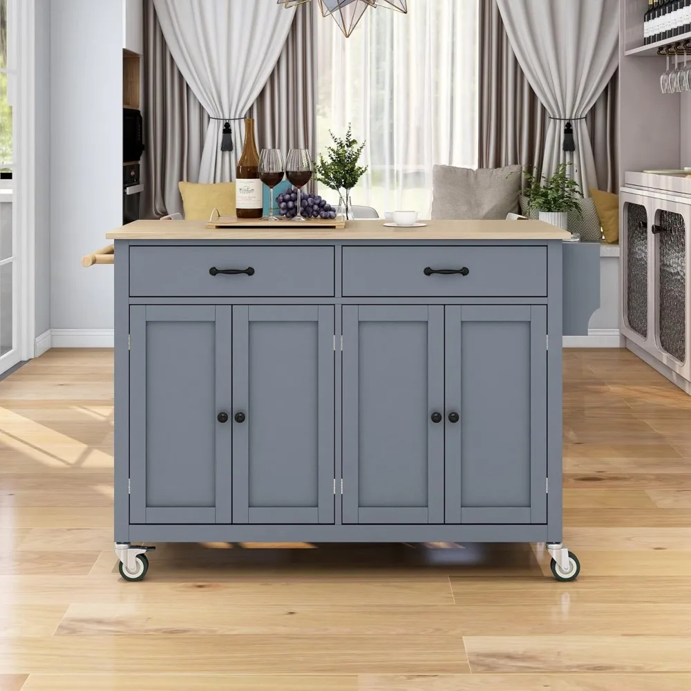 

Rolling Kitchen Island Cart with 4 Cabinets, 2 Drawers, and Adjustable Solid Wood Top