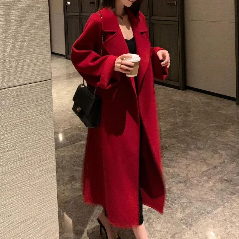 Solid color double-sided woolen winter coat for women, retro long and elegant high-end woolen coat, autumn/winter 2023