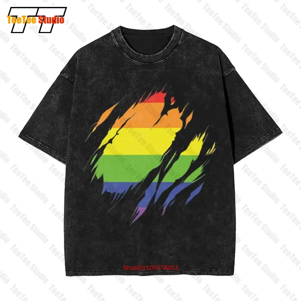 Ripped Gay Pride Rainbow Flag Vintage Oversized T-Shirt 67OK