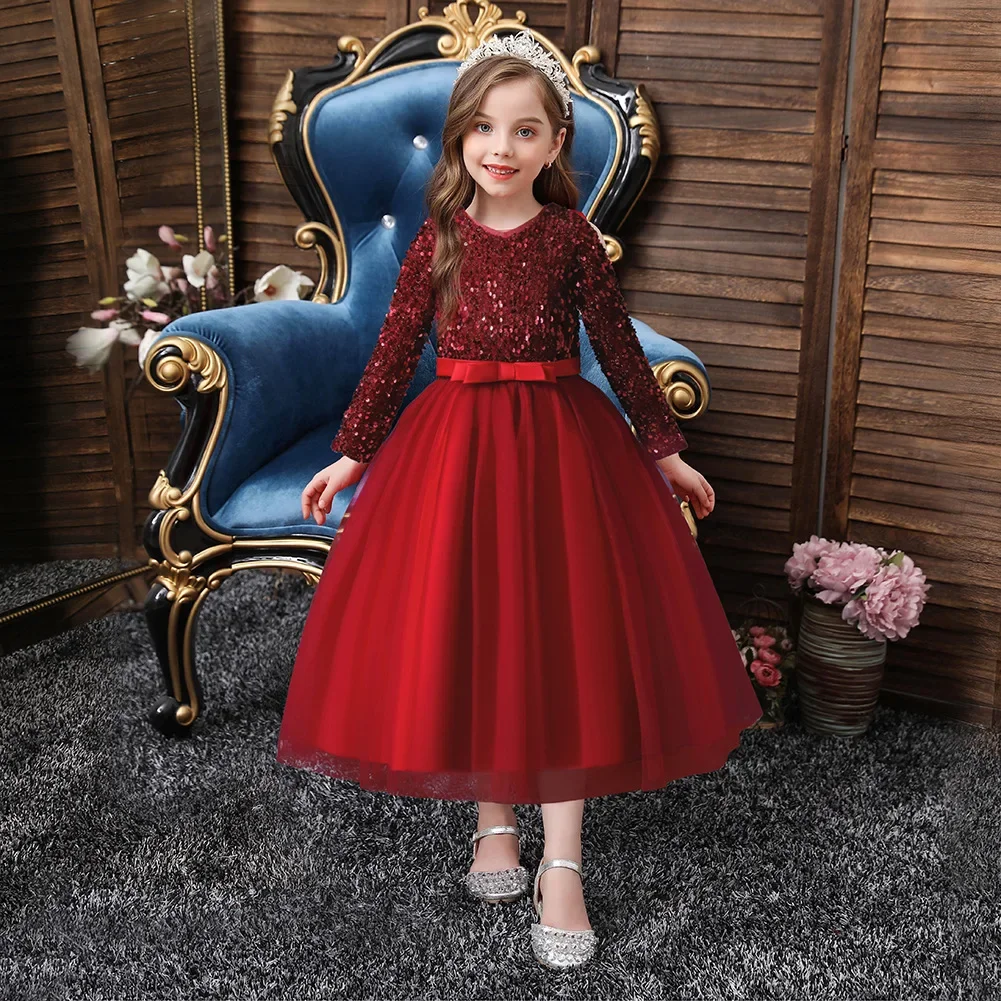 

New Hot Autumn Winter Long Sleeved Sequins With Beaded ,Mesh Fluffy Princess Dress Birthday Party Performance Evening Dress