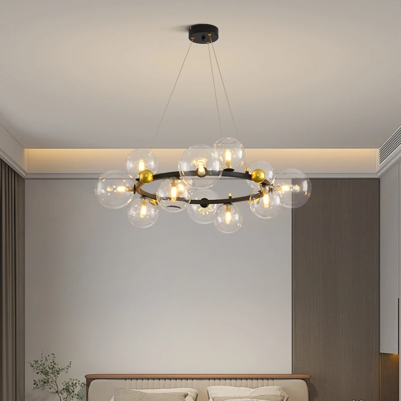 Italian Style Light Luxury Chandelier Art Creative Circular Restaurant Master Bedroom Lamp High-end Glass Magic Bean LED Lamp