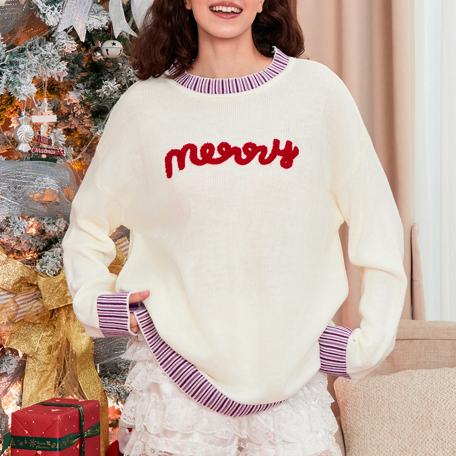 Women's Christmas Knitted Sweaters Autumn Long Sleeve Round Neck Letter Embroidery Loose Pullover Knitwear Jumpers Tops