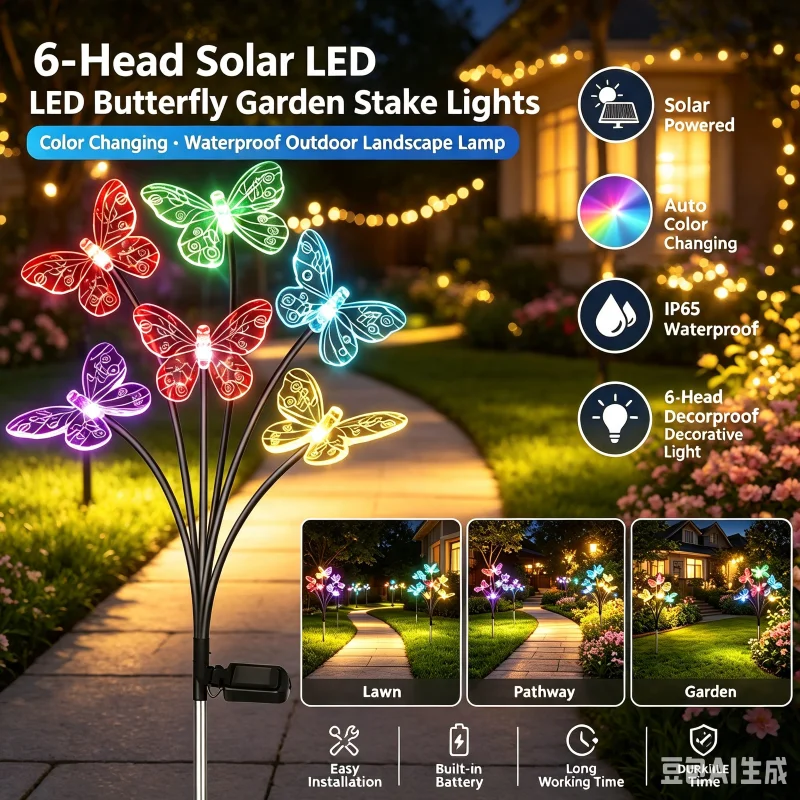 Color Changing Solar Butterfly Lights, Outdoor Garden Stakes with 6, 8 or 10 Heads for Lawn Yard Landscape Pathway Decor