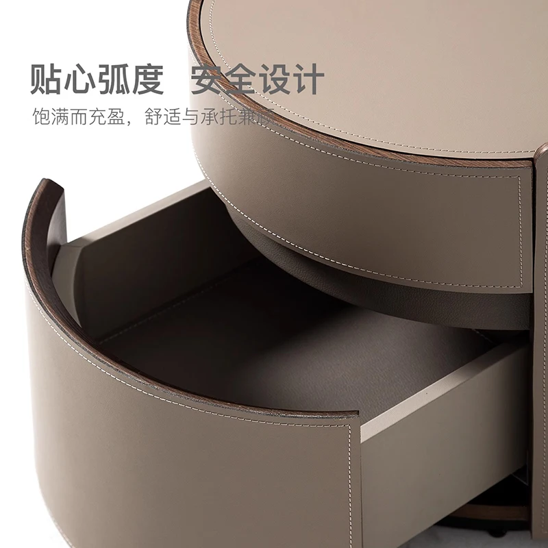 

Designer bedside table round home bedroom modern simple light luxury saddle leather bedside table side table