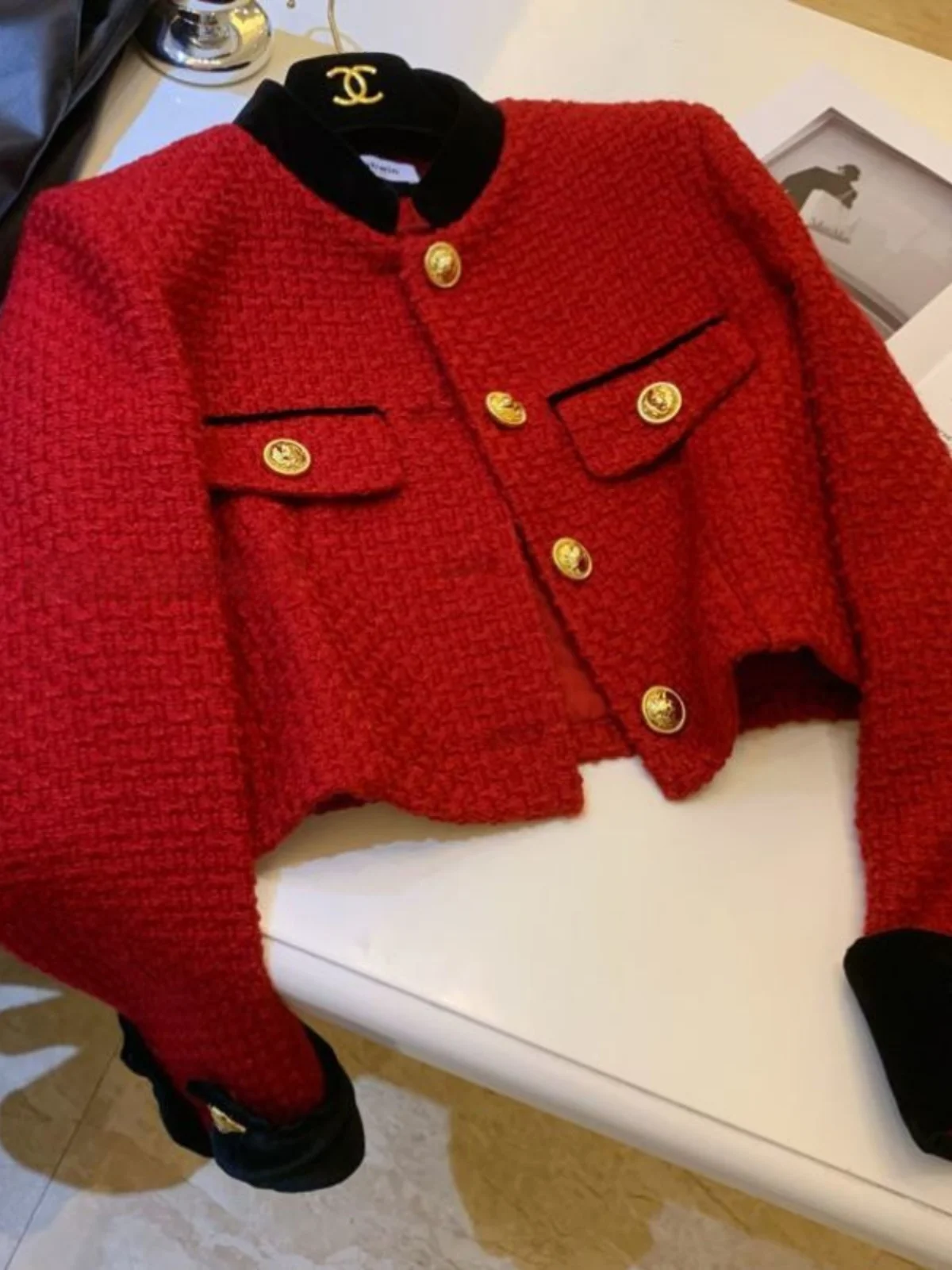 

Red Stand Collar Coarse Tweed Jaet Women's Faion Sensation Color Blo Spring Autumn New Sle ort Outerwear Coat