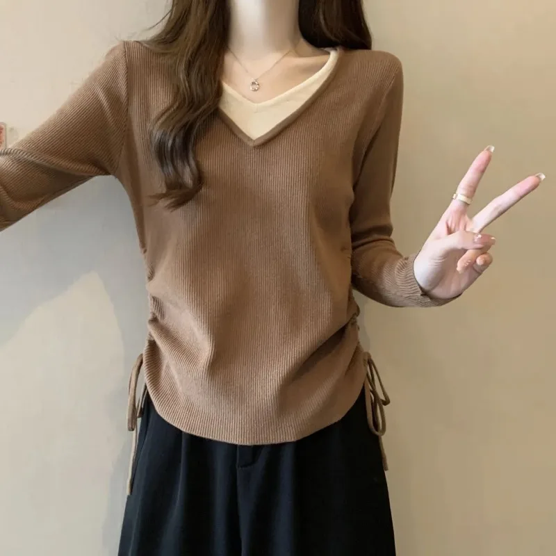 Women's Slim V-Neck Drawstring Fake Two-Piece Spliced   Sweater Versatile