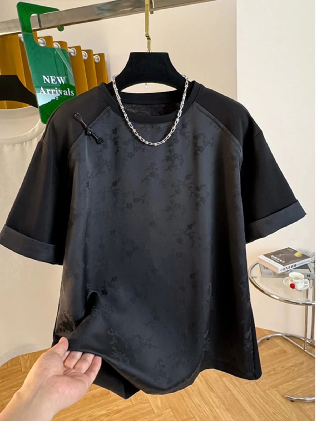 Nueva camiseta china Sle redonda Ne para mujer, camiseta holgada de verano con diseño Sense Satin Patchwork ort Sve Base irt