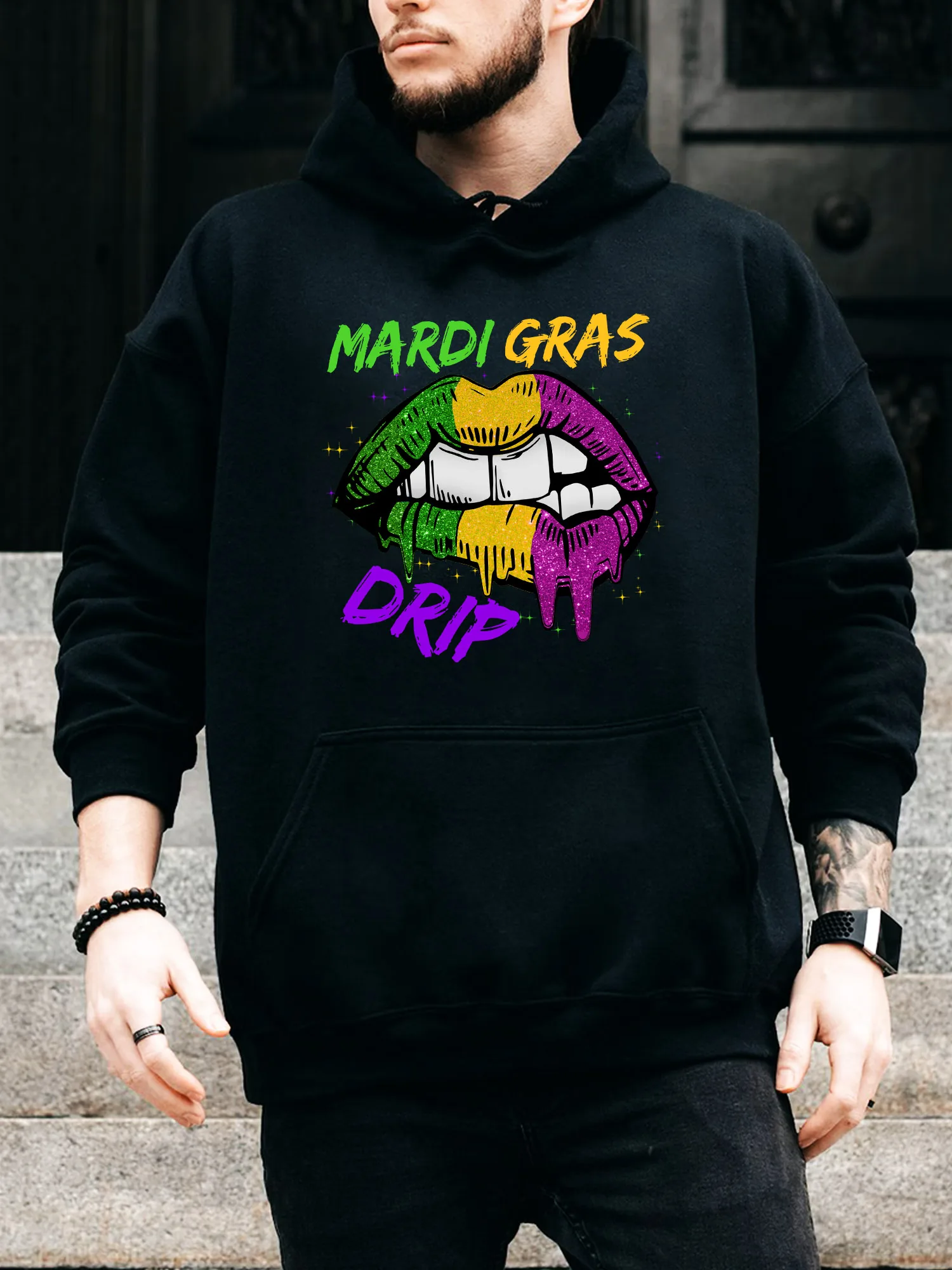 

Мужская толстовка на шнурке Mardi Gras Drip — повседневный удобный черный пуловер, осенне-зимняя толстовка с капюшоном