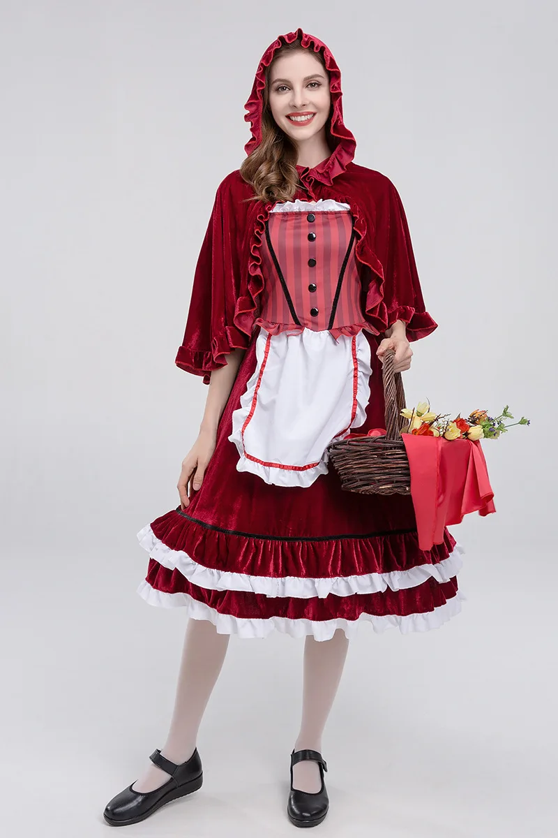 

Новый большой размер: Костюм Красной Шапочки на Хэллоуин, комплект из двух предметов, толстовка и брюки, женская этническая сценическая одежда