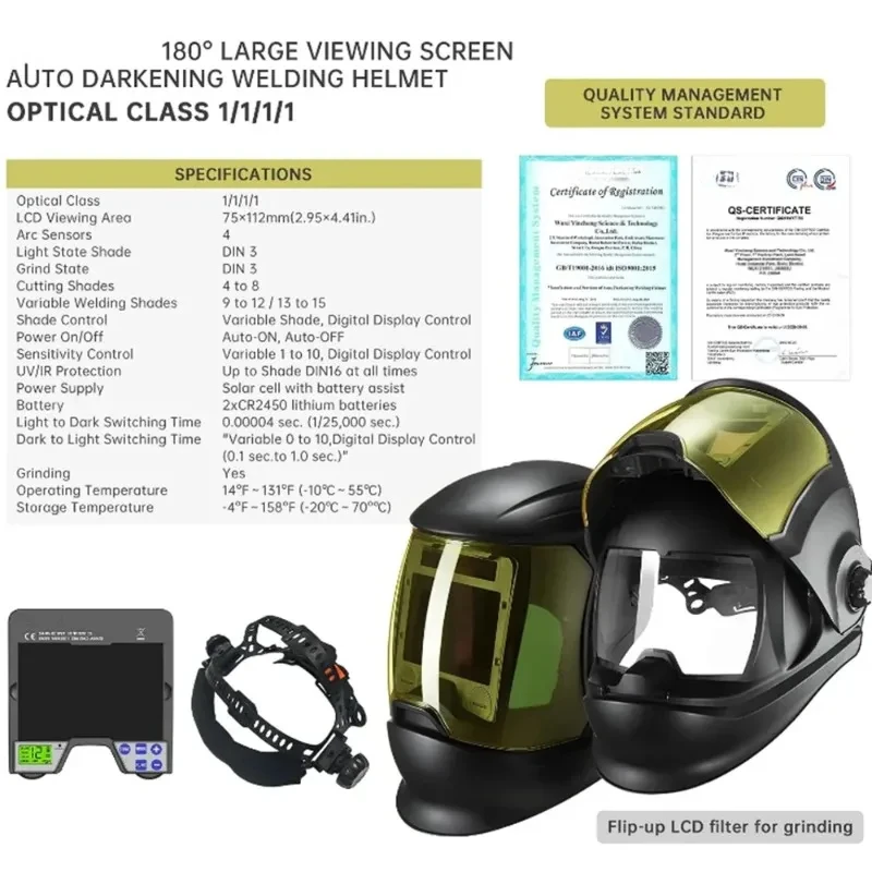 Large Screen 180 View True Color Solar Welder Mask 4 ARC Sensors   powered air respirator Weld Helmet