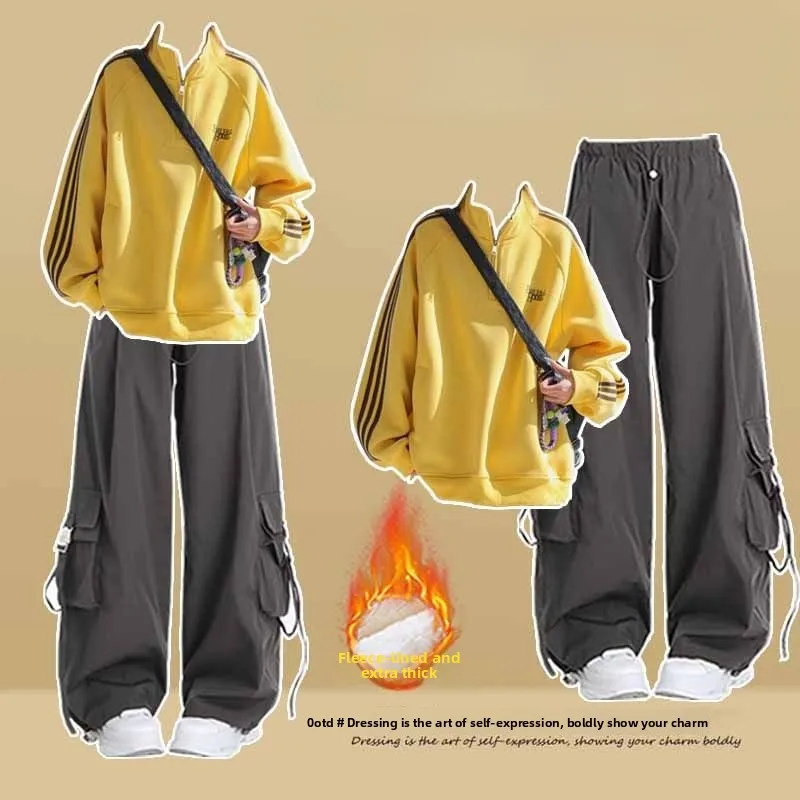 

American Sle Hooded Jaet f Zipper Fce Lined Thiened Stand Collar Women's Autumn Winter Sports Top And Pants Set