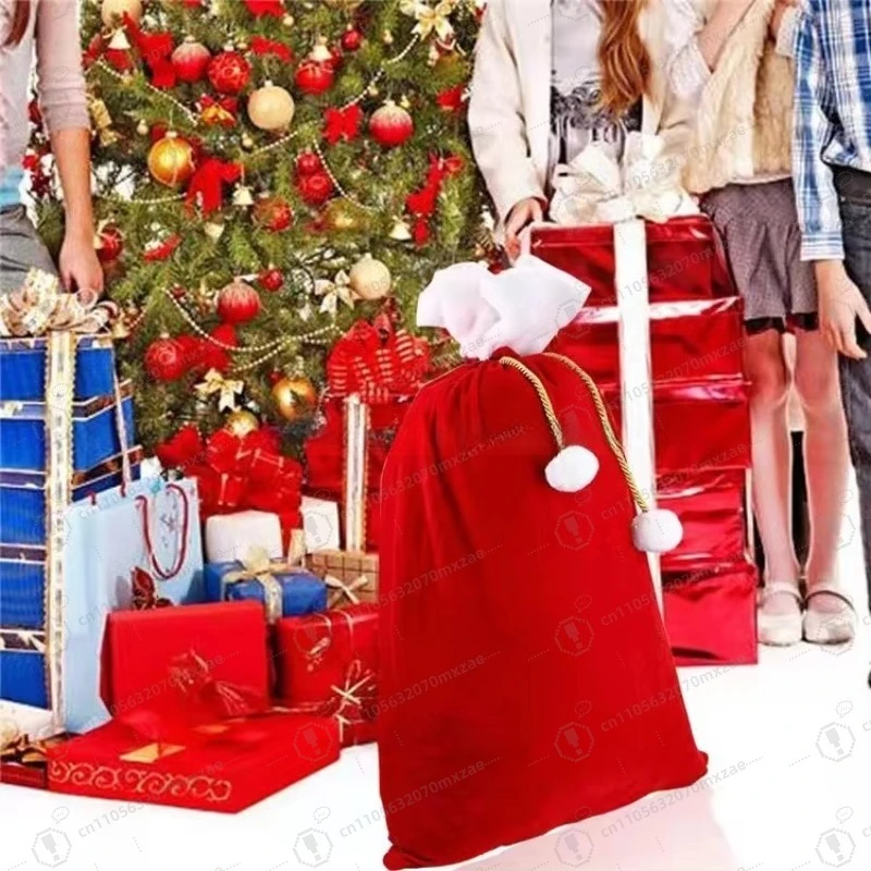 2 sacchetti regalo di Natale, sacchetti con coulisse in velluto rosso con pompon bianchi per regali di Natale