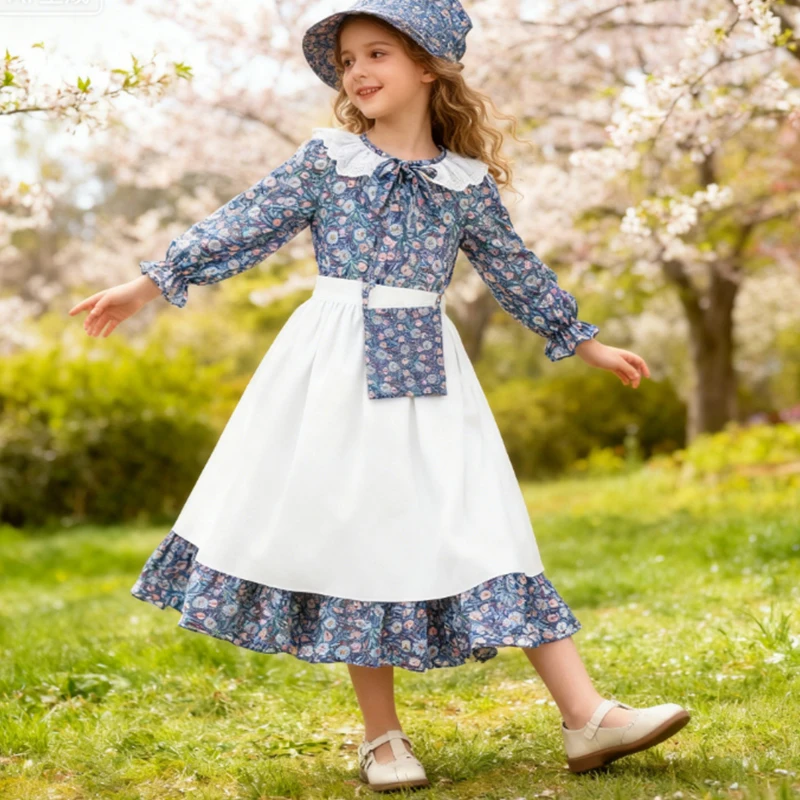 Carnival Party Costume Flower Girl Princess Dress Kids Prairie Pioneer Dress Causal Girls Medieval Vinatge Pastoral Floral Dress