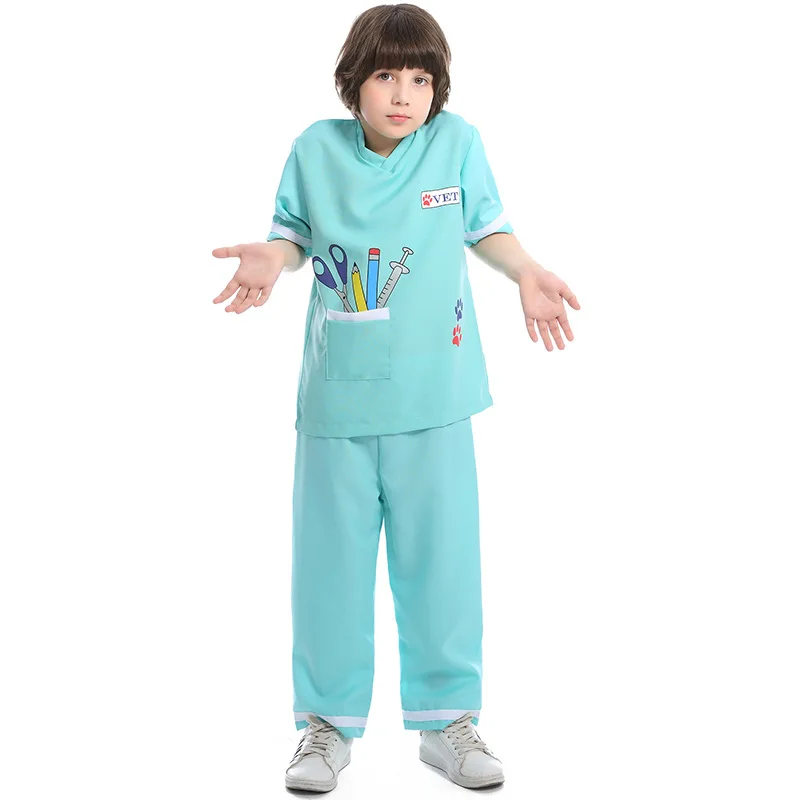 Boys Girls professional Doctor Cosplay veterinary Uniform Costume Halloween Kid with Accessories blue uniform 109