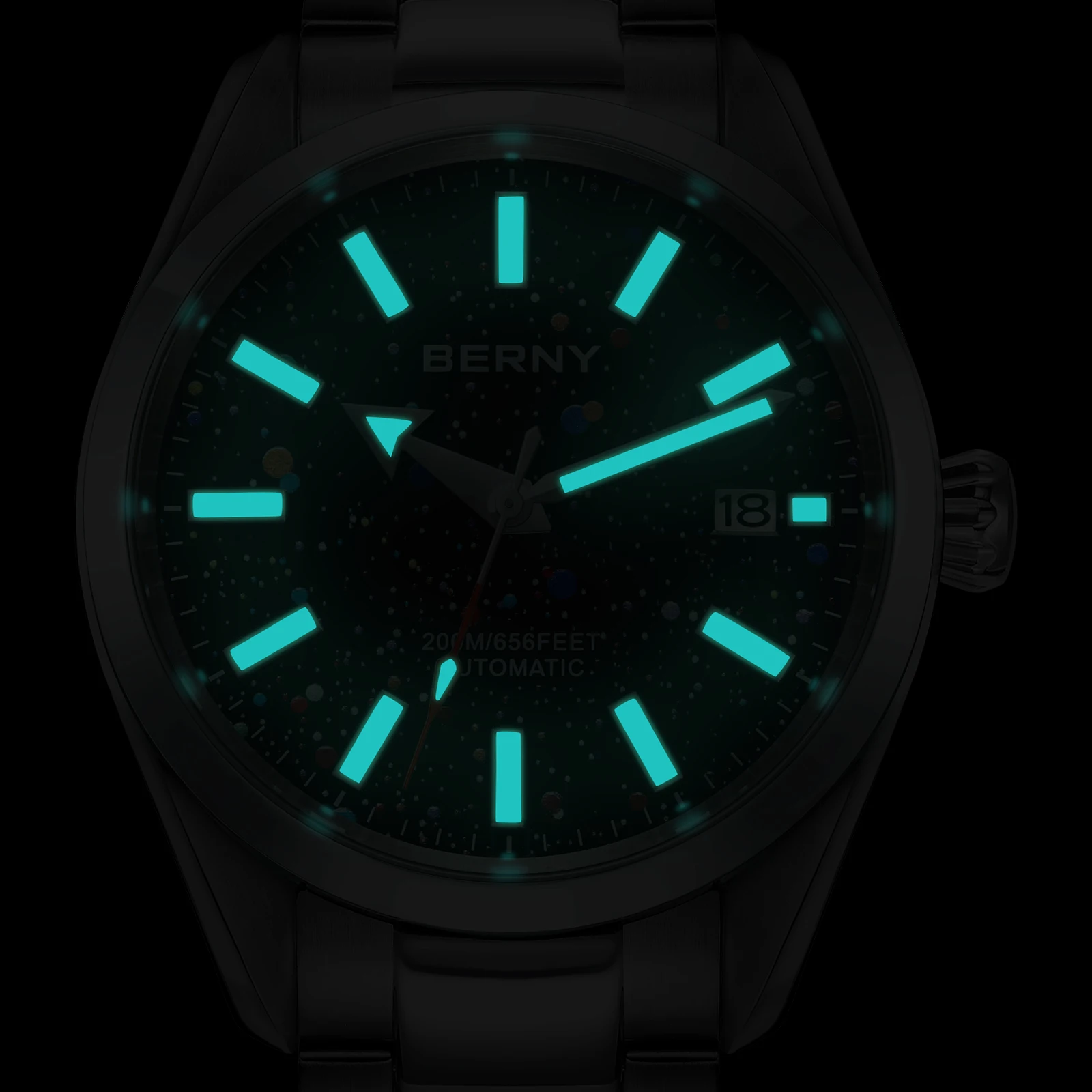 BERNY 20ATM Automatic Men Watch Sapphire AR Calendar Arrow Hands Supper Luminous Swimming Colorful Starry Sky Dial Men Watches