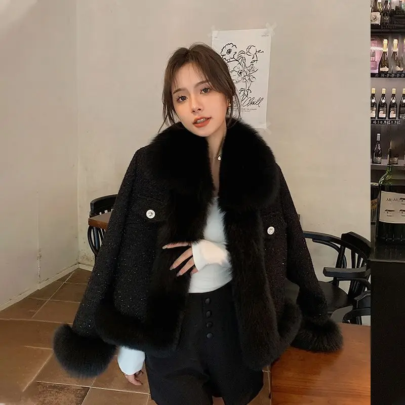 High End Flashing Small Fragrant Style Fur Coat Women's Autumn Winter Splicing Tweed Imitation Fox Fur Jacket Thick Warm Outwear