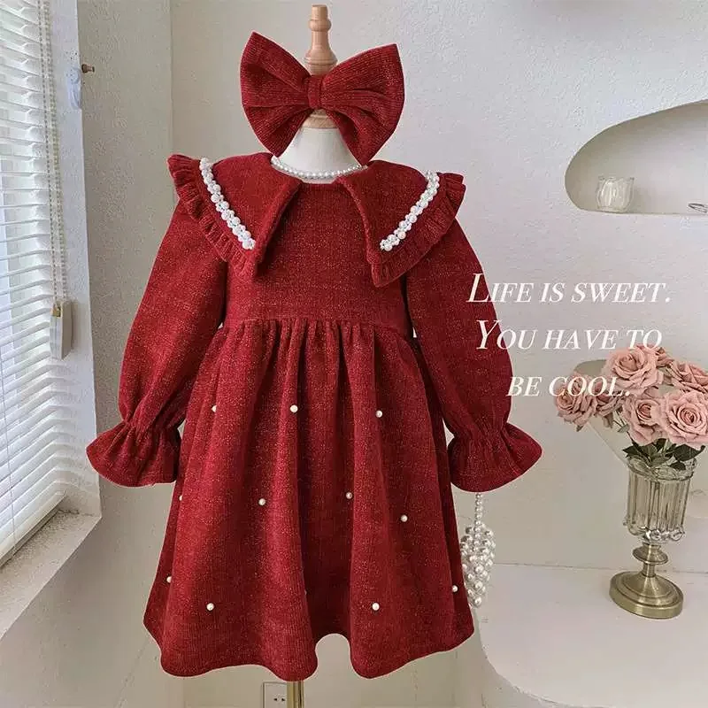 Girls Red Dress 2024 New Autumn and Winter Children Older Winter Princess Dress New Year's Greeting Dress Velvet Skirt