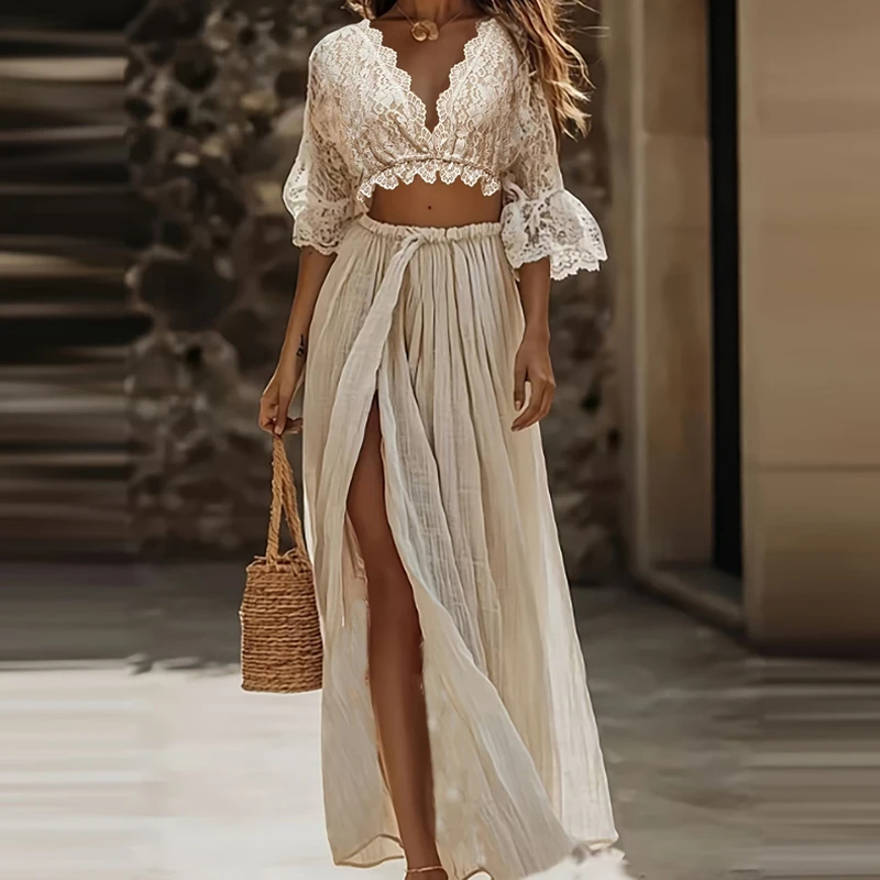 

Sexy V-neck Flare Sleeve Top with Skirt Outfits Women Elegant Lace Embroidery Hollow Long Skirt Suit Fashion Split Solid 2Pc Set