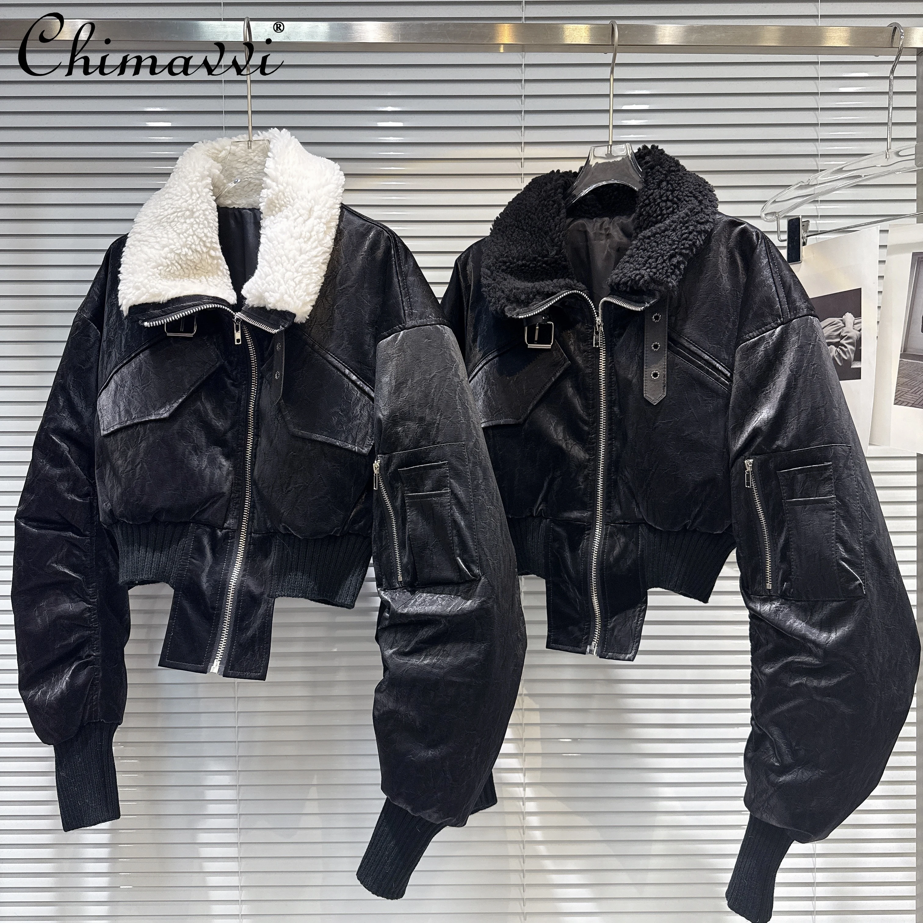 

2025 Winter Fashion Sweet Cool Motorcycle Jackets Fur Collar PU Buttons Zipper Slim Fit Black Short Padded Coats Women Overcoat