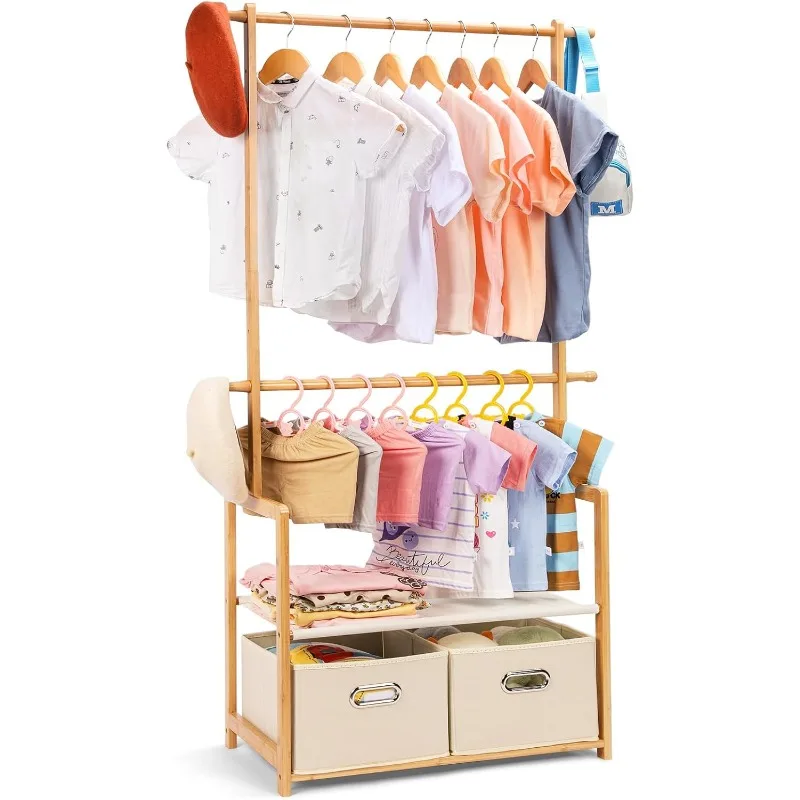 Kids Clothing Rack Bamboo with 2 Storage Baskets and 2 Adjustable Hanging Rods,Child Garment Rack,Dress up Rack