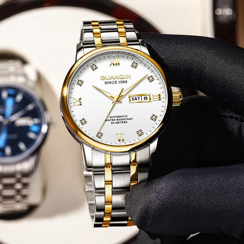 GUANQIN Mechanical Watches for Man Dual Calendar Window Display Stainless Steel Luminous 30M Waterproof Men 's Wrist Watch