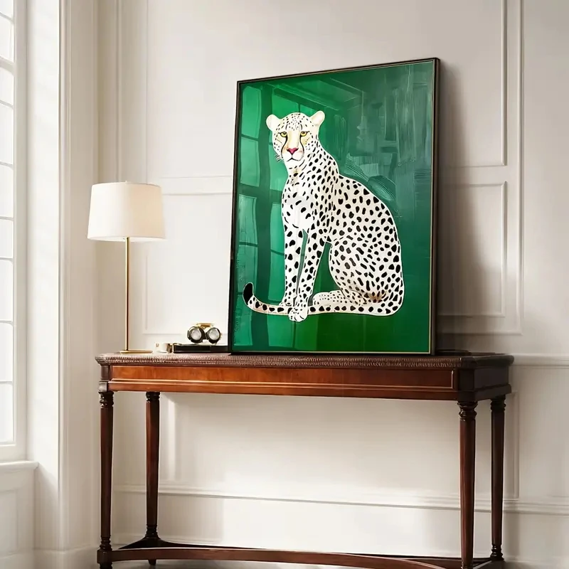 ملصق فني جداري بسيط من قماش الفهد الأخضر، نمط ديكور منزلي لغرفة النوم وغرفة المعيشة الحديثة، موضوع الحيوان