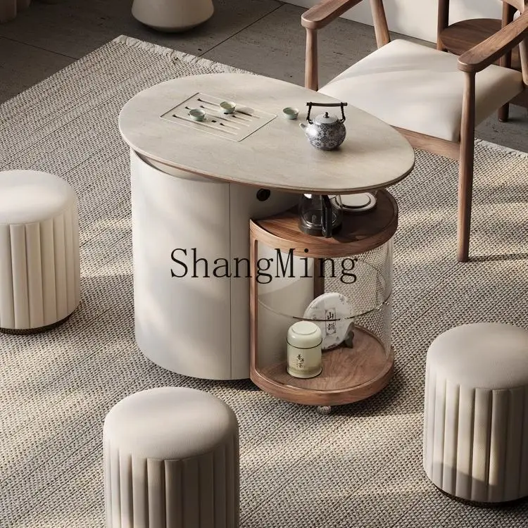 FG cream wind oval acrylic small tea cart mobile side table coffee table boiling water integrated tea table