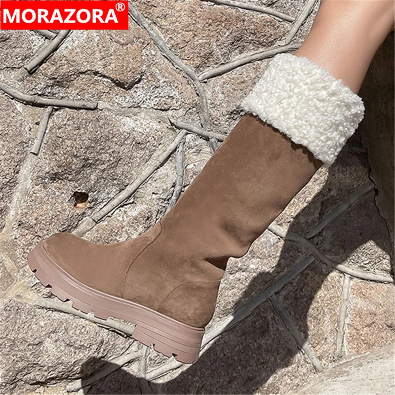 

MORAZORA 2024 New Size 33-40 Ladies Thick Plush Snow Boots Flock Winter Boots Woman Slip On Platform Knee High Boots