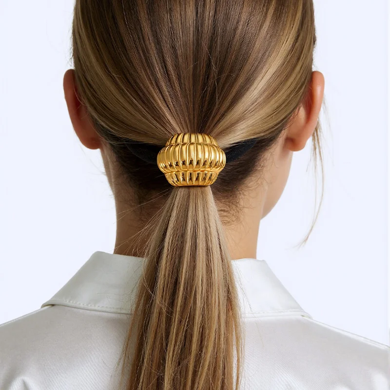 PRISCA |   Ikat Rambut Elastis Baja Anti Karat Baru untuk Wanita, Scrunchie Logam Hitam, Tali Rambut Kuncir Kuda Emas Grosir