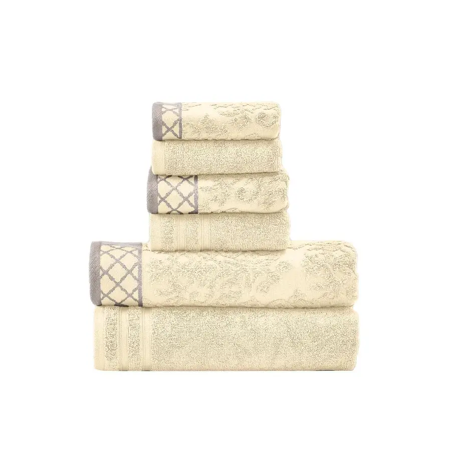 

6Piece Damask Jacquard Solid Ultra Soft 550GSM 100 Combed Cotton Towel Set with Embellished Borders Ivory