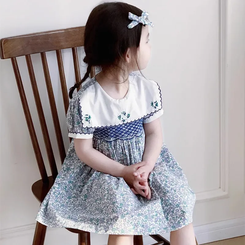 Smocked Floral Dress Kids Girl Blue Vintage Outfit Elegant Princess Handmade Clothes Infant Baby Smocking Embroidery Frocks 1-6Y