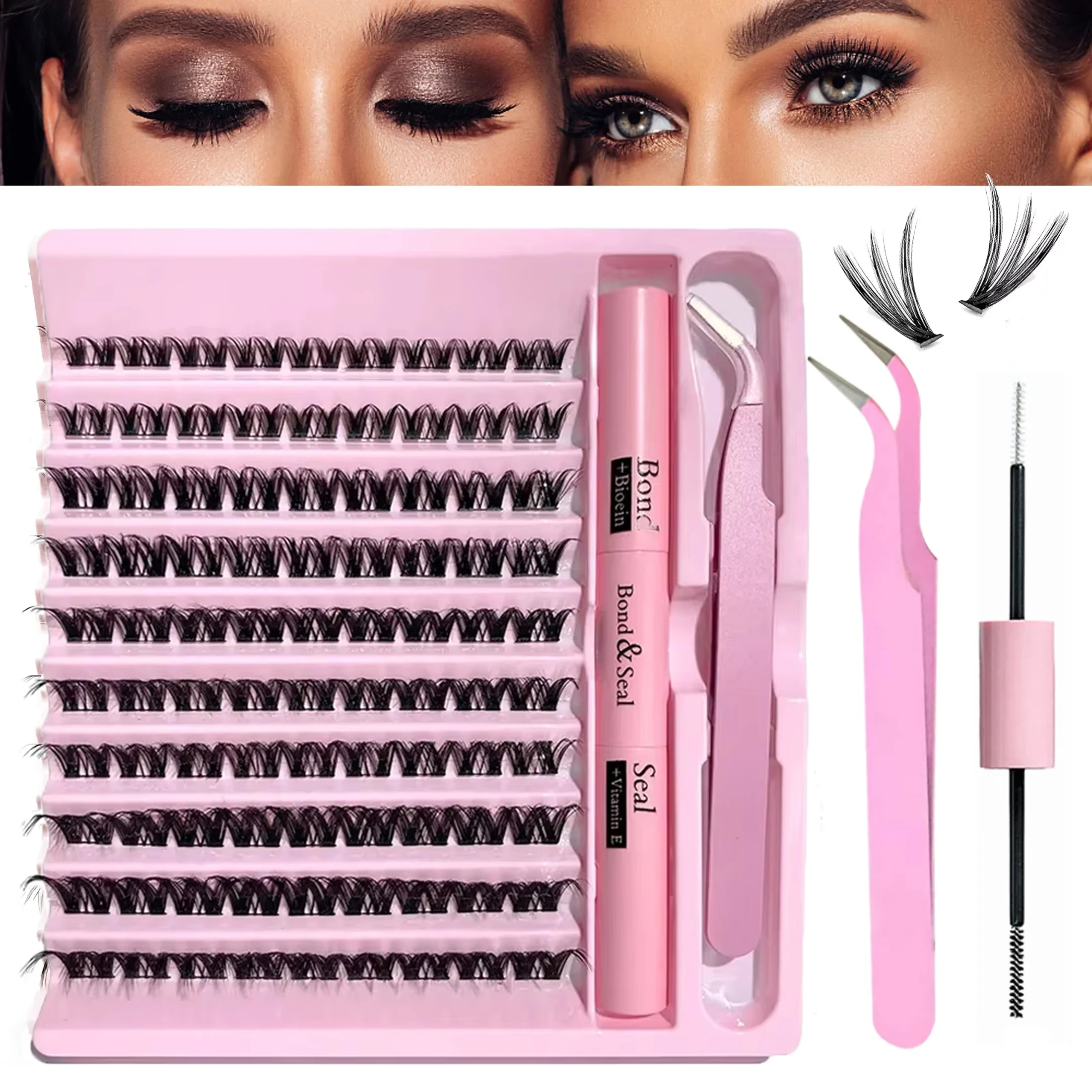 Kit de cílios 3D 190 PCS - extensão de cílios DIY, ligação e vedação de cílios, com cola e pinça, ferramenta de maquiagem adequada para iniciantes