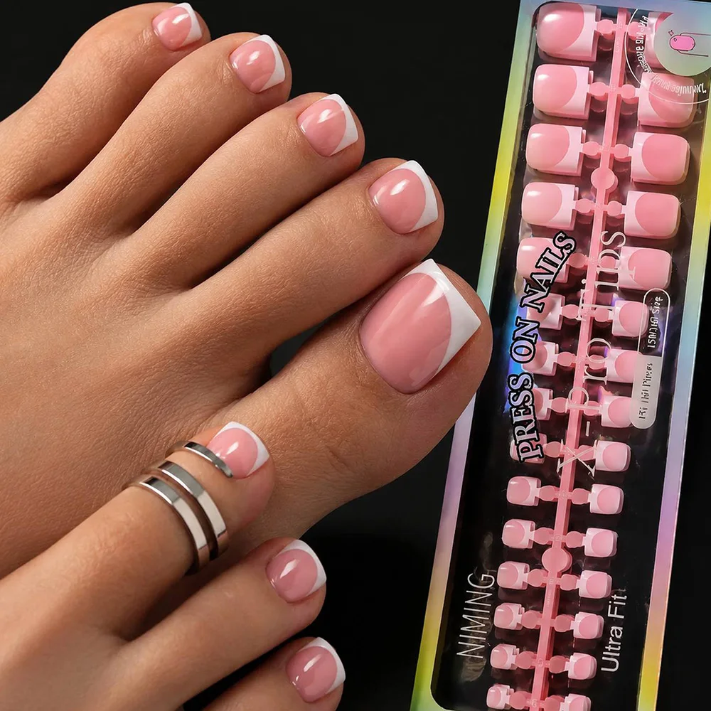 150Pcs Trendy French Tip Square Press On Toenail Clear Transparent Base Square Fake Toenail Versatile Fashion False Toenail