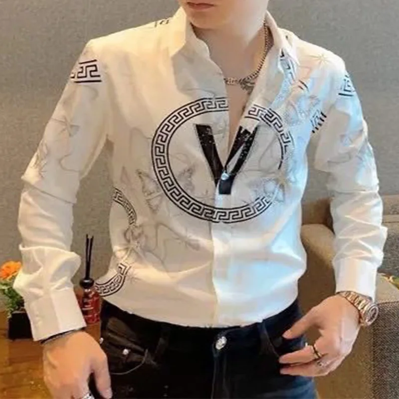 2024 New Summer Elegant Fashion Gothic Loose Casual Handsome Men\'s Shirt Men\'s Wear Print Button V Neck Long Sleeve Chic Tops