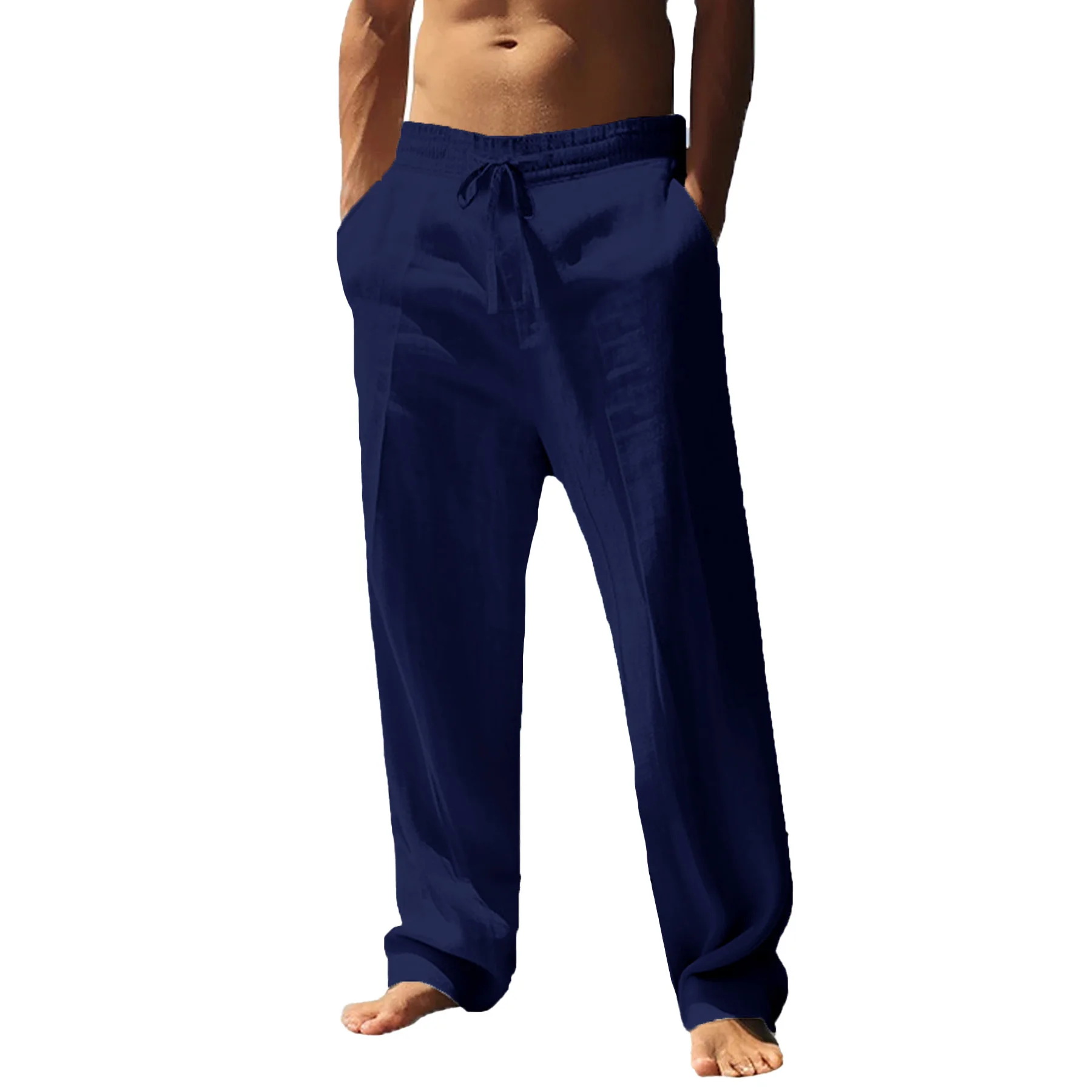 Men's Cotton Trousers Linen Fashion Solid Color Casual Pants Breathable Loose Shorts Straight Drawstring  Streetwear Men Pants