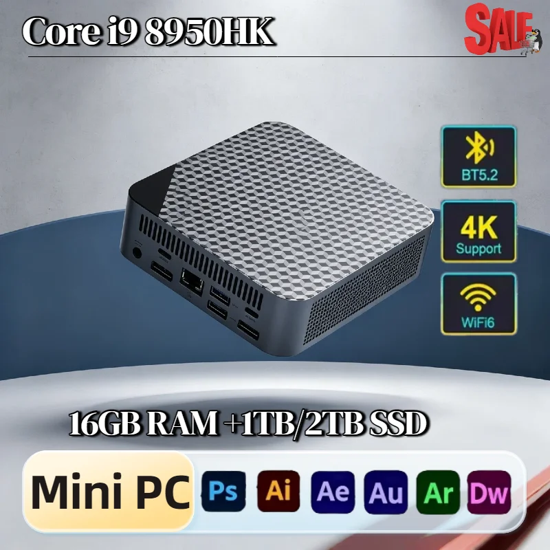 

Intel Core i9 8950HK Portable Mini PC 16GB DDR4 M.2 NVMe SSD Triple 4K Display WiFi6 BT5.2 Silent Cooling Desktop Pro Max