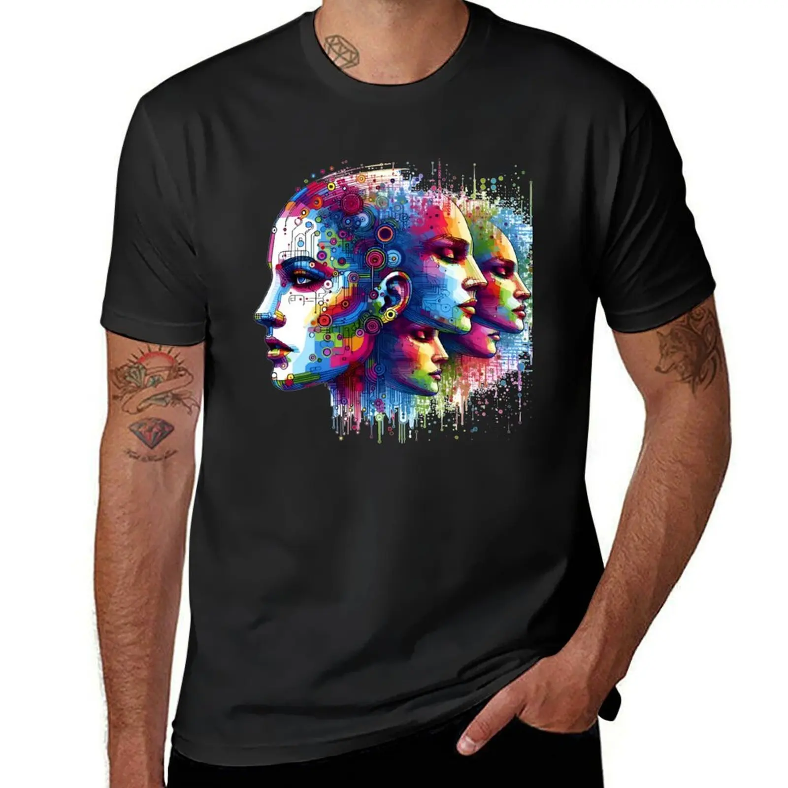 Cybernetic Vision: Chromatic Portrait in Blue, Red, Purple, and Yellow T-Shirt tops Short sleeve tee graphics men workout shirt